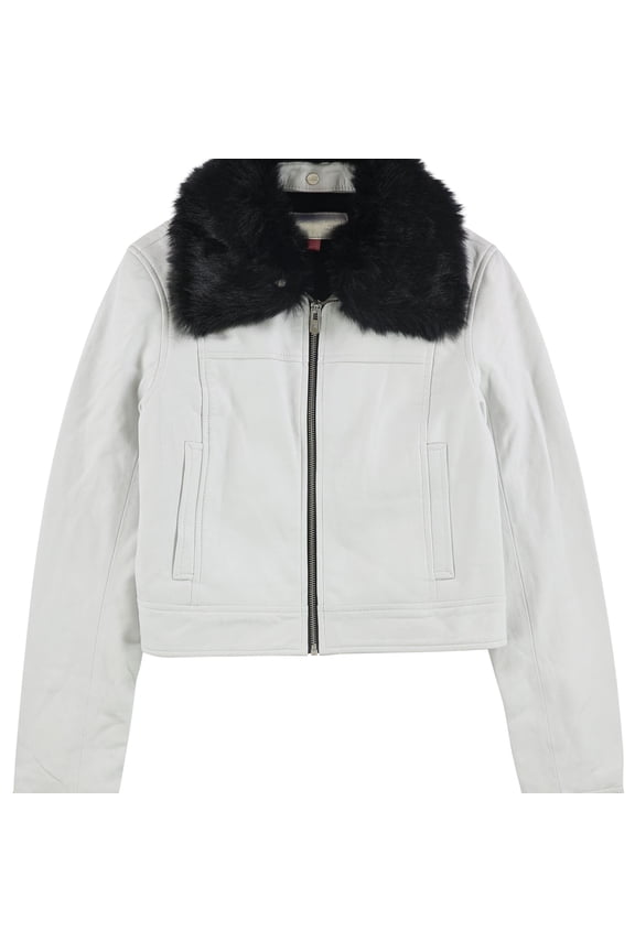 Womens Lincoln Box Collar Leather Jacket, White, Medium