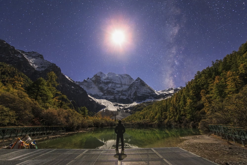 The Milky Way and waxing cresent moon over Mount Chenrezig in China Canvas Art - Jeff DaiStocktrek Images (34 x 23)