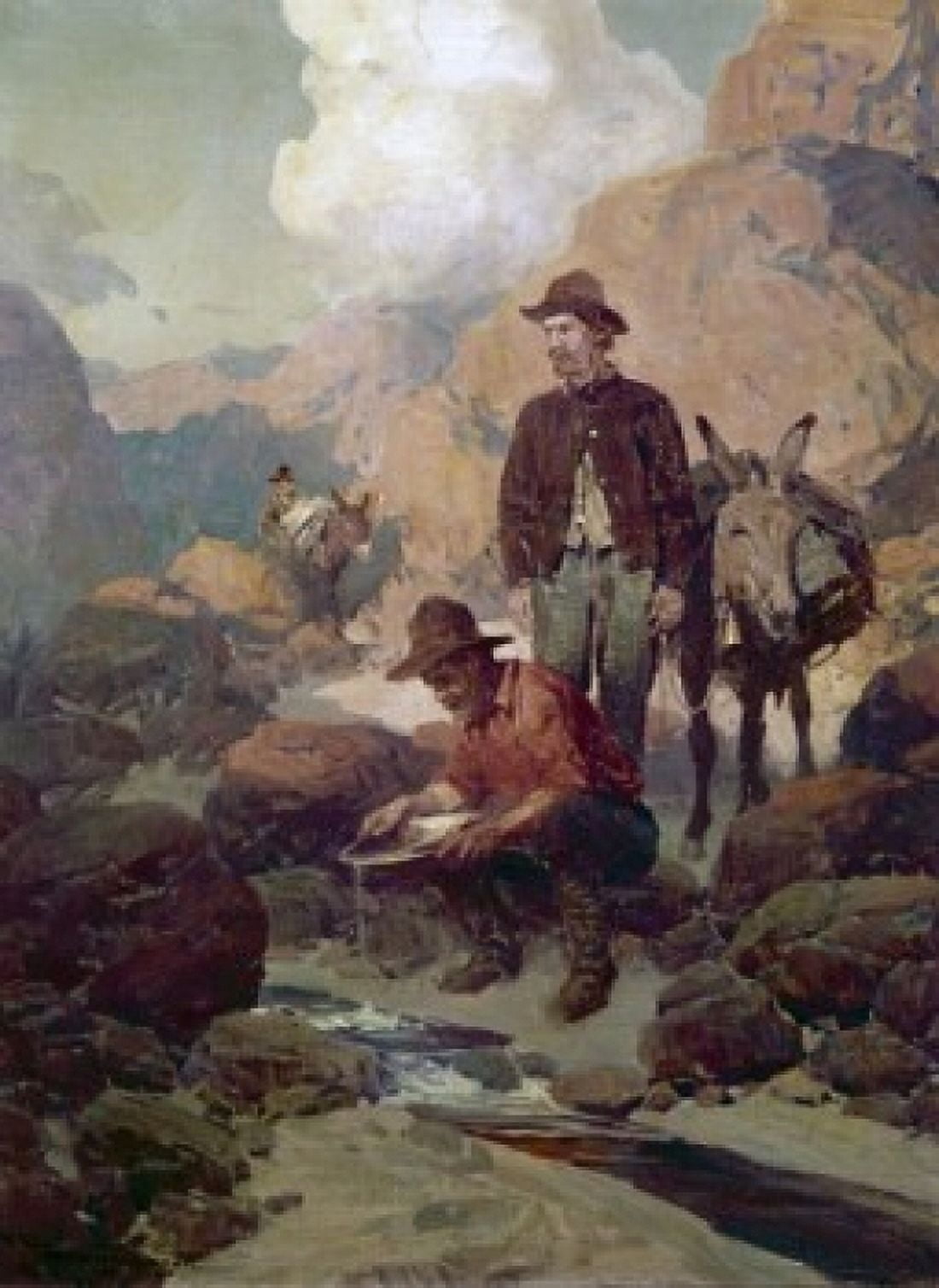 The Miners During the Gold Rush 1849 in California Ben Johnson (b20th C American) Canvas Art - (24 x 36)