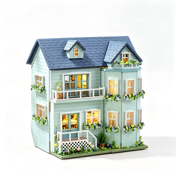 The Mint Gables DIY Miniature Dollhouse Kit, 2-Story Cottage Diorama with LED Lights, Wooden Home Decor Gift for Adults 14+