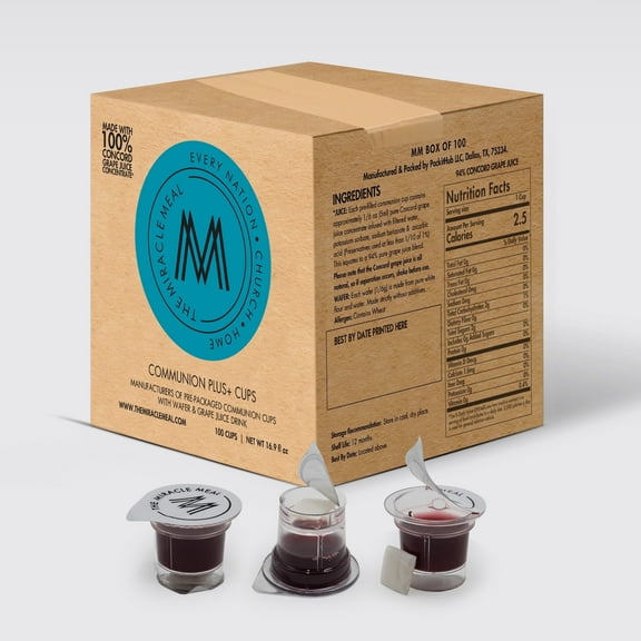 The Miracle Meal Pre Filled Communion Plus Cups with 100% Concord Grape Juice & Wafer - Box of 100