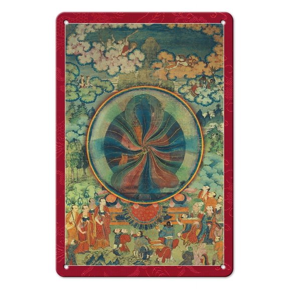 The Miracles of Buddha at Shravasti - Vintage Tibetan Thangka Buddhist Painting - Tibet, 19th Century - 8 x 12 inch Vintage Metal Tin Sign