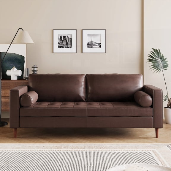 The Mirod 3-Seat Mid-Century Modern Sofa in PU Leather, Having Tufted Design and Solid Wood Legs, and 2 Bolster Pillows for Various Spaces