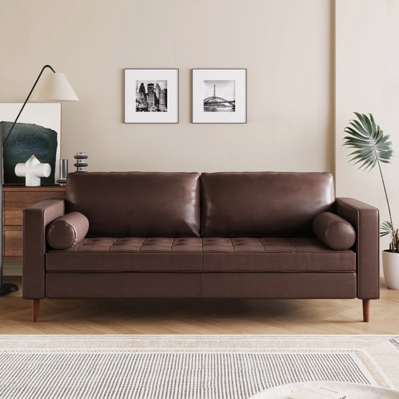 The Mirod Mid-Century Modern PU Leather 3-Seat Sofa Featuring Tufted Design and Solid Wood Legs, Plus 2 Bolster Pillows for Home Spaces