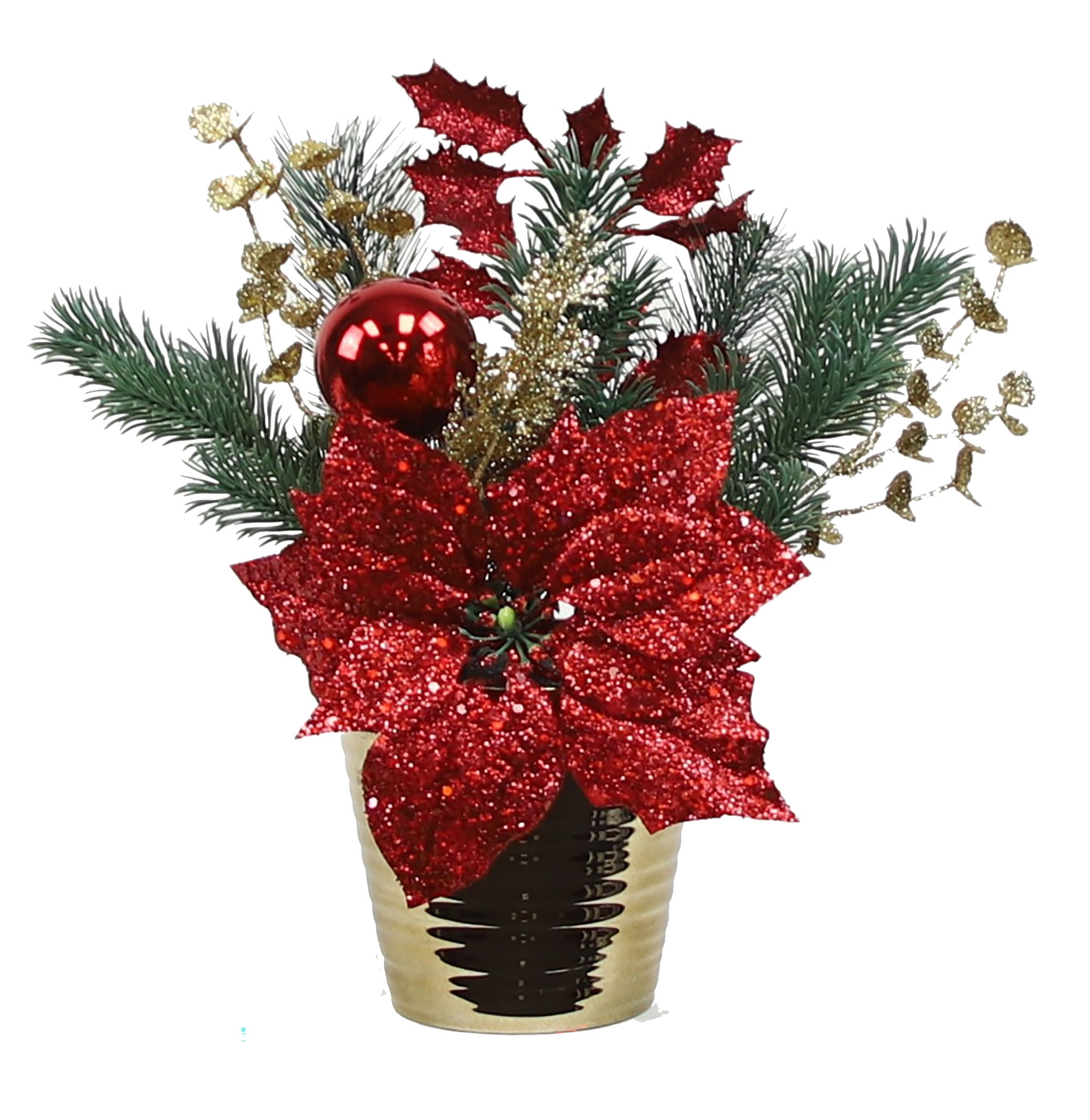 The Mod Greenhouse 14" Red Sequined Artificial Poinsettia Table Top Arrangement in Gold Metallic Glass Container