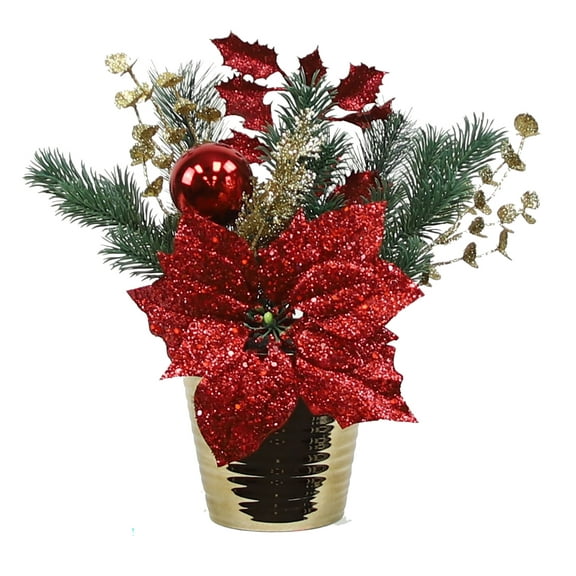 The Mod Greenhouse 14" Red Sequined Artificial Poinsettia Table Top Arrangement in Gold Metallic Glass Container
