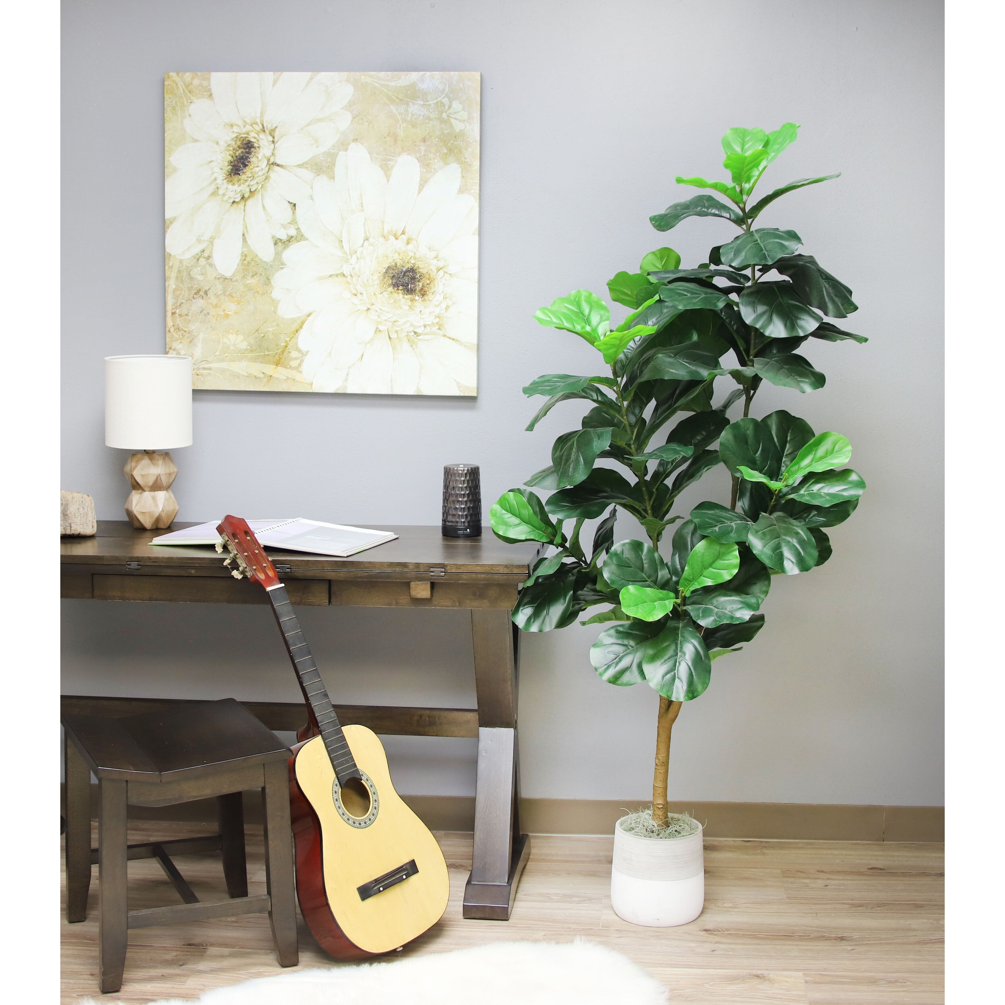 66" Tall Artificial Green Fiddle Leaf Fig Tree in White Planter