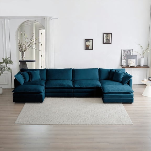 Modern Blue Chenille U-Shaped Couch with Reversible Chaise & Extra Ottomans for Living Room