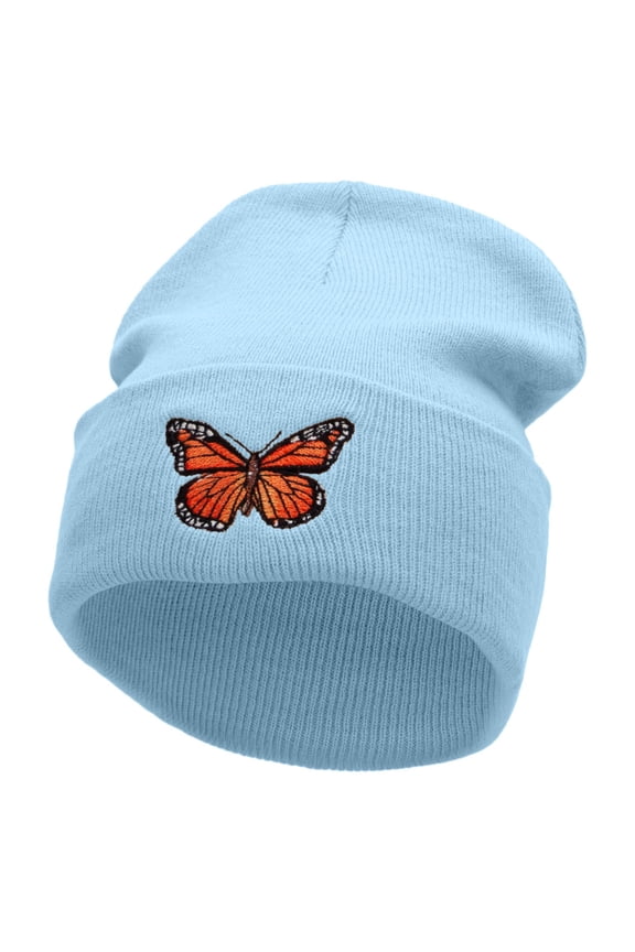The Monarch Butterfly Embroidered 12 inch Acrylic Cuffed Long Beanie - Lt Blue OSFM
