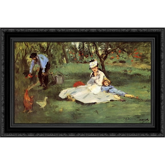 The Monet family in their garden at Argenteuil 24x18 Black Ornate Wood Framed Canvas Art by Manet, Edouard