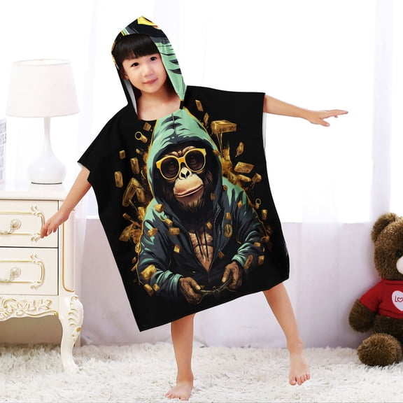 The Monkey Hooded Beach Towel Poncho for Kid Girls Toddlers Boys Bath Pool Swim Cover-ups Swimwear Soft Lightweight Microfiber