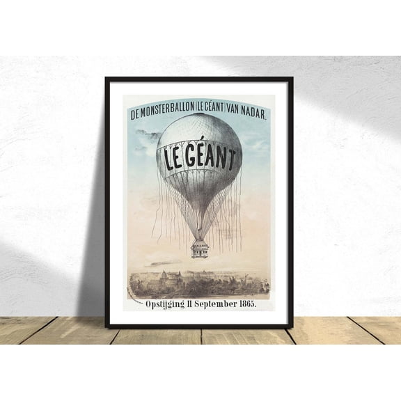 The Monster Balloon Le Geant From Nadar Ascension 1865 Morrien Amand Vintage Poster Reproduction Illustration, Unframed Paper Poster 8x10in