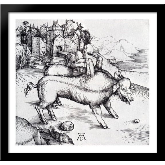 The Monstrous Sow Of Landser 30x28 Large Black Wood Framed Print Art by Albrecht Durer