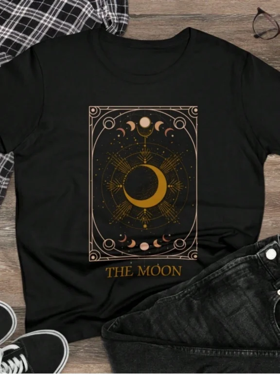 The Moon Tarot Card Graphic Tee Shirt Mystical Celestial Moon Phase Design Unisex Adult Casual Wear Gift Cotton Men's Women's Tee Shirt