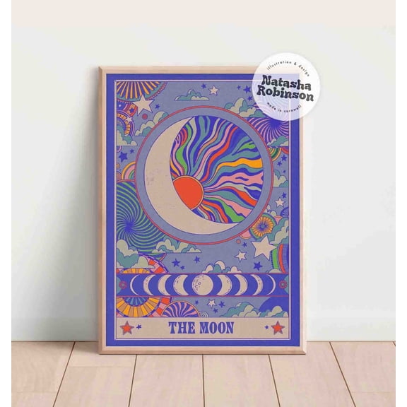 The Moon Tarot Oracle Deck Trippy Flower Retro Art Illustration Print Poster Colourful Bold Sunshine Boho Hippy Decor Wall Art