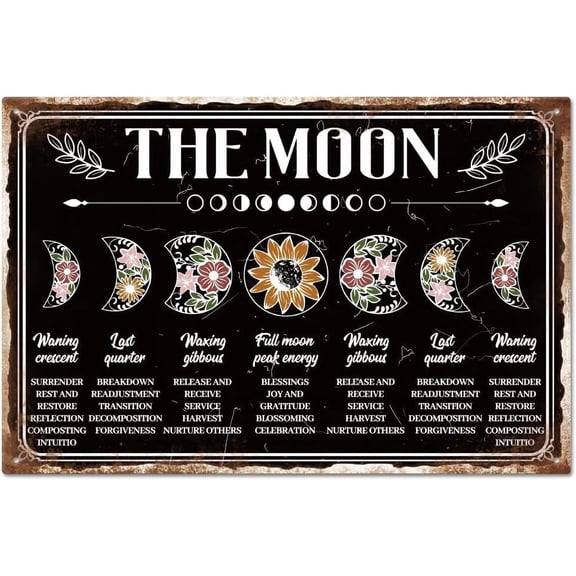"The Moon" Vintage Metal Moon Phases Warning Tin Sign Plaque Poster 812inch Retro Metal Wall Decorative Tin Painting Signs for Home Yards Farm Club Orchard