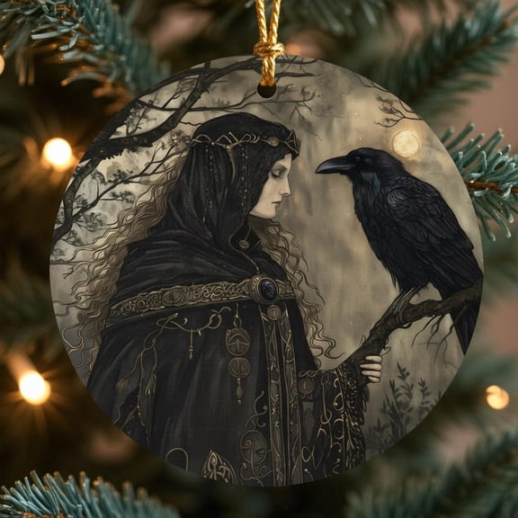 The Morrigan Celtic Goddess Ornament Raven Ornament Pagan Yule Decor Dark Goddess Art Mystical Christmas Gift Mythic 2D FLAT CIRCLE Ceramic Ornament