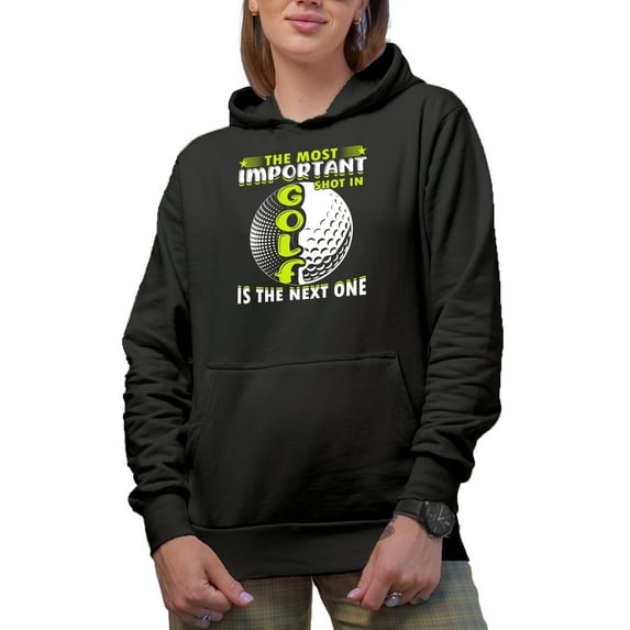 The Most Important Shot in Golf Quote, Golf Player, Golfing or Golfer Themed Merch Gift, Black Hooded Sweatshirt or Hoodie, 3XL