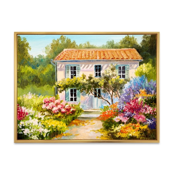 The Mountain With Flowers With Little House II 20 in x 12 in Framed Painting Canvas Art Print, by Designart