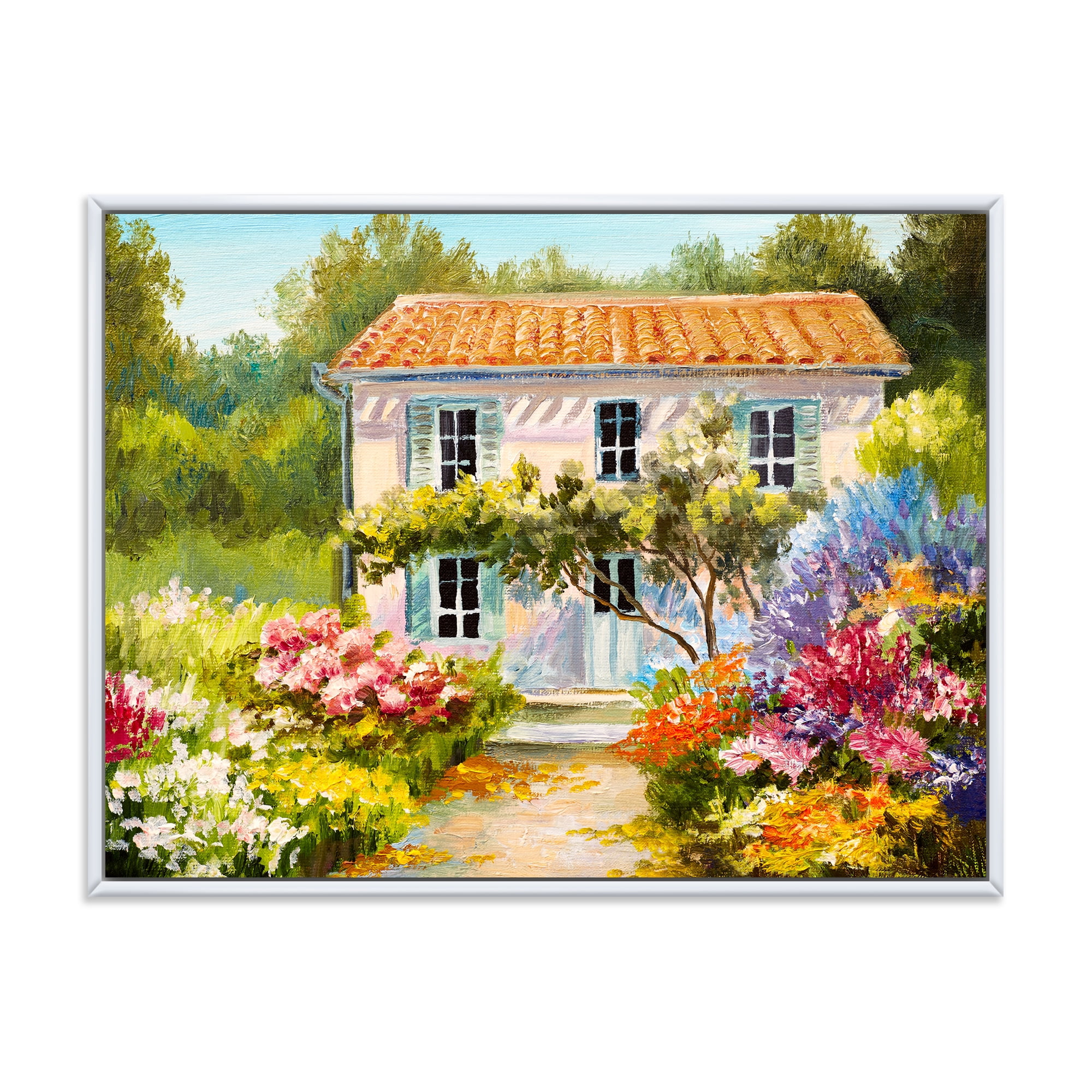 The Mountain With Flowers With Little House II 32 in x 16 in Framed Painting Canvas Art Print, by Designart