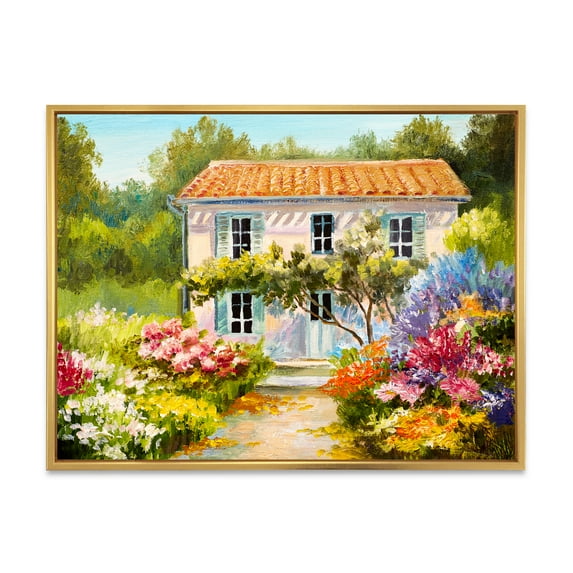 The Mountain With Flowers With Little House II 40 in x 30 in Framed Painting Canvas Art Print, by Designart
