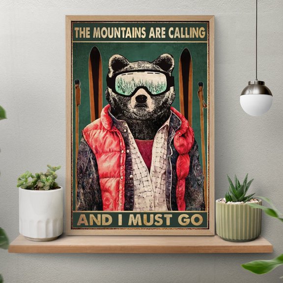 The Mountains Are Calling Ski Poster, Bear Skiing Wall Art – 8x12 UNFRAMED