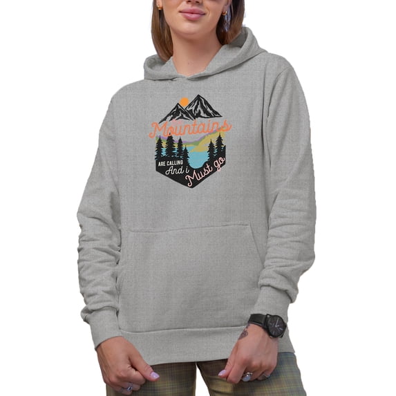 The Mountains Are Calling and I Must Go Art Merch Gift, Heather Grey Hooded Sweatshirt or Hoodie, Large