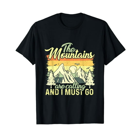 The Mountains are Calling and I Must Go Vintage Retro Hiking Men's Black T-Shirt Crew Neck Tee