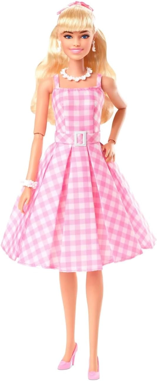 Barbie The Movie Doll, Margot Robbie as Barbie, Collectible Doll Wearing  Pink and White Gingham Dress with Daisy Chain Necklace for 6 years and up