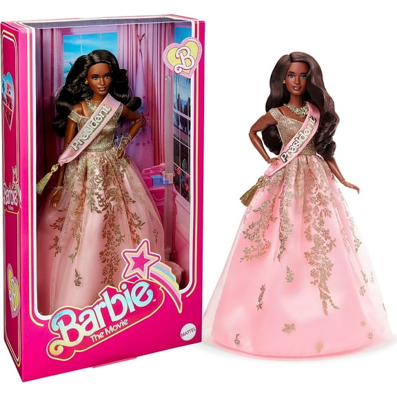 The Movie Doll, Wearing Shimmery Pink and Gold Dress with Sash