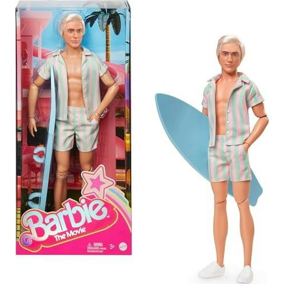 Barbie The Movie Ken Doll Wearing Pastel Pink and Green Striped Beach Matching Set with Surfboard and White Sneakers