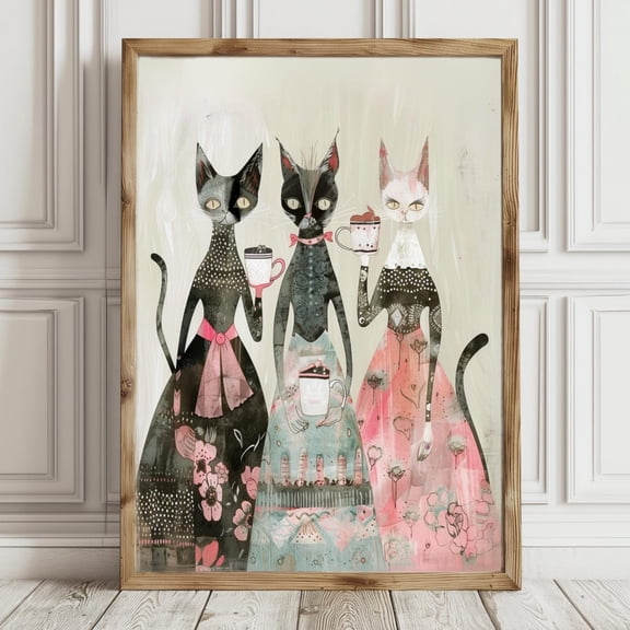 The Mug Club, Quirky Cat Trio Wall Art With Coffee & Charm, Whimsical Cat Print Home Decor #1150, Unframed Canvas Size 12x18