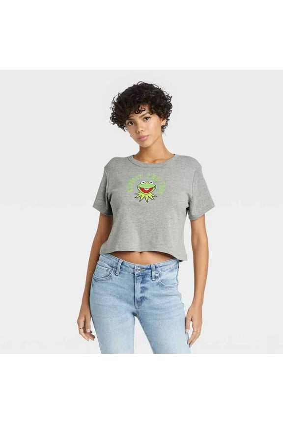 Women's St. Patrick's Day Kermit Baby Doll Short Sleeve Cropped Graphic T-Shirt - (Gray, X-Large)