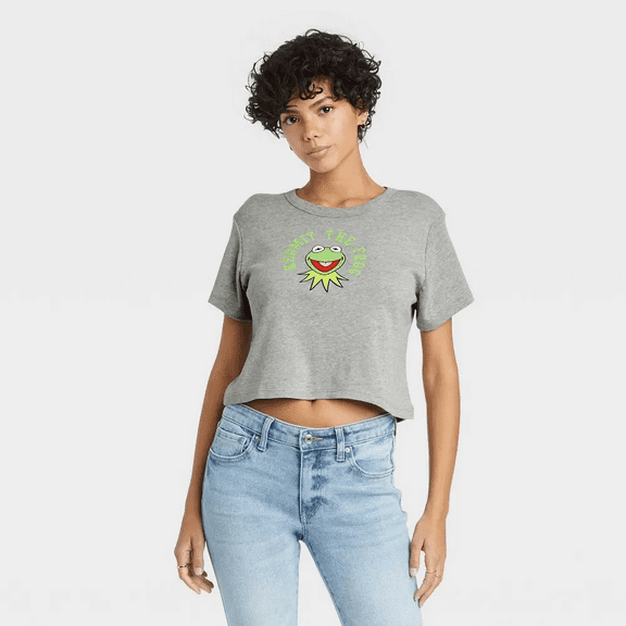 The Muppets Women's St. Patrick's Day Kermit Baby Doll Short Sleeve Cropped Graphic T-Shirt - Gray, XXLarge