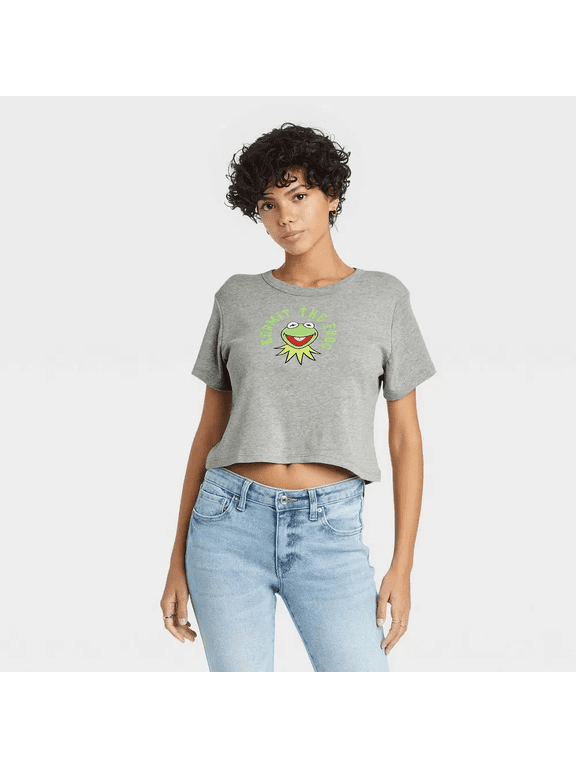 Women's St. Patrick's Day Kermit Baby Doll Short Sleeve Cropped Graphic T-Shirt - Gray, XXLarge