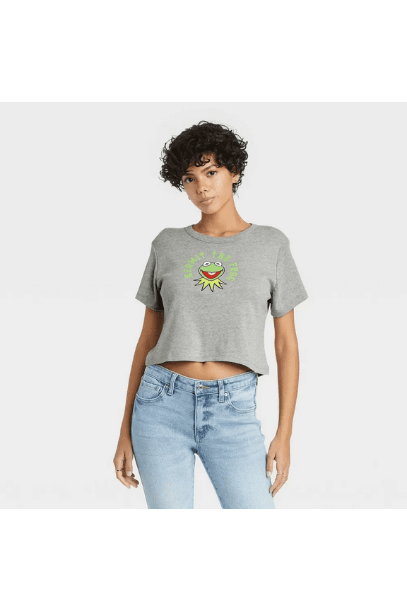 Women's St. Patrick's Day Kermit Baby Doll Short Sleeve Cropped Graphic T-Shirt - Gray, XXLarge