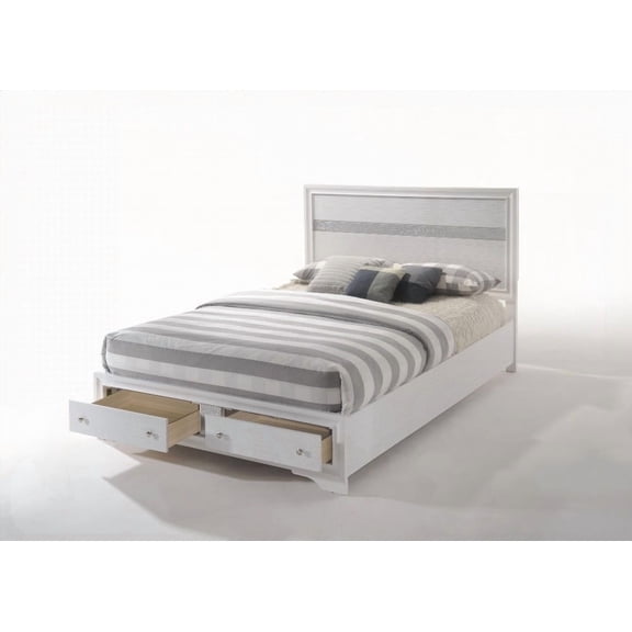 Naima Queen Bed in White Finish, Storage Option, No Box Spring, Low Profile with 5 Bed Panels