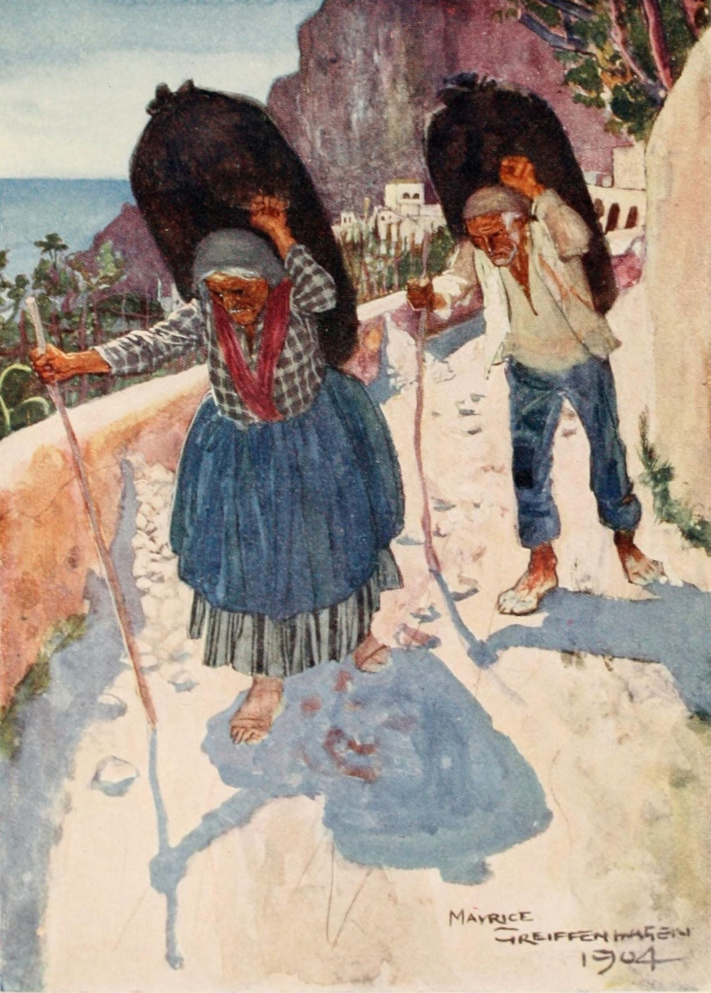 The Naples Riviera 1907 Charcoal carriers Amalfi Canvas Art - Maurice Grieffenhagen (18 x 24)