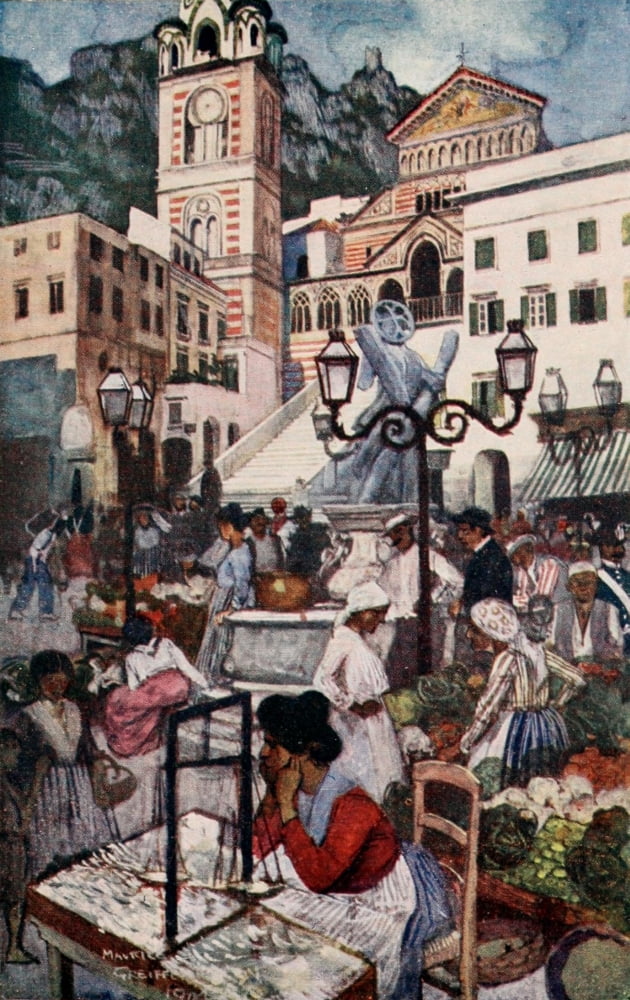 The Naples Riviera 1907 Piazza & Duomo Almalfi Canvas Art - Maurice Grieffenhagen (24 x 36)