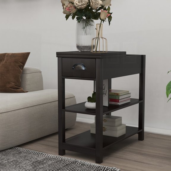 The Narrow Sided Table in Brown with Drawers & Bottom Partition - Flip Over Style for Interior