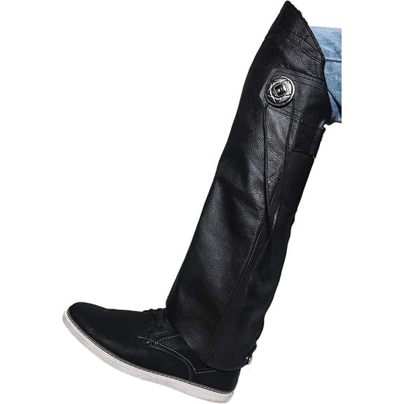 The Nekid Cow Genuine Black Leather Motorcycle Half Chaps with Zipper, Concho & Fringes