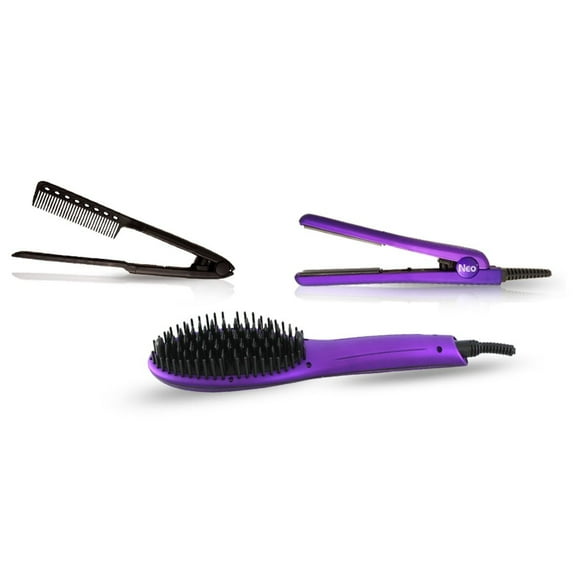 The Neo Choice 3 pcs Complete Styling Set - Ionic Heated Brush Straightener, Ceramic Flat Iron and Easy Hair Comb Full Set (Purple)