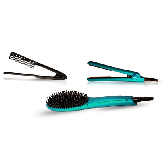 The Neo Choice 3 pcs Complete Styling Set - Ionic Heated Brush Straightener, Ceramic Flat Iron and Easy Hair Comb Full Set (Turquoise)