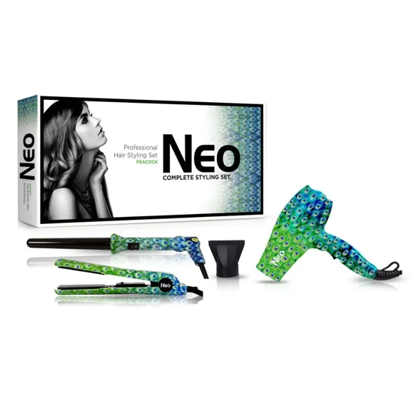 The Neo Choice 3 pcs Trio Complete Full Set with 1.25 Inch Hair Straightener + 18-25mm Curling Iron + Mini Hair Dryer (Peacock)