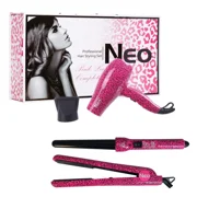 The Neo Choice 3 pcs Trio Complete Full Set with 1.25 Inch Hair Straightener + 18-25mm Curling Iron + Mini Hair Dryer Pink Leopard