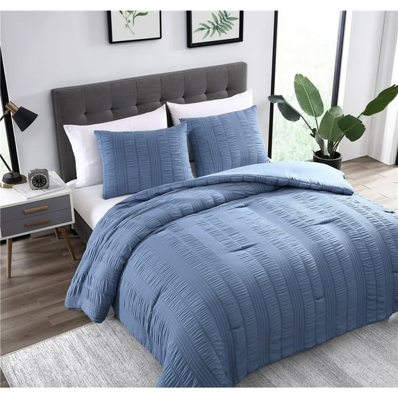 The Nesting Company Elm Stripe Seersucker Bedding Set 3 Piece Microfiber Comforter Set 2 Pillow Shams