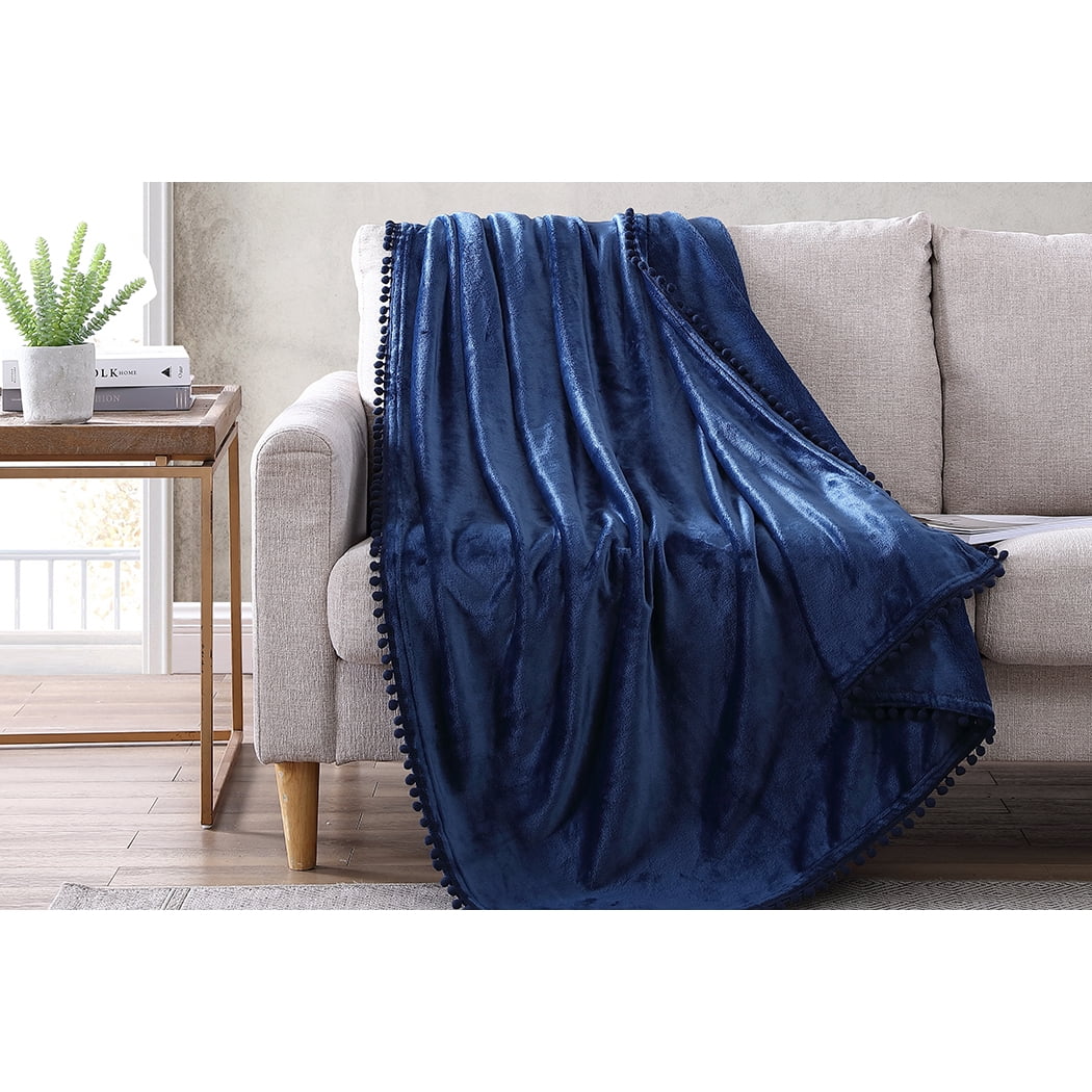 Navy Microfiber Flannel Pompom Throw Blanket, 50" x 70"