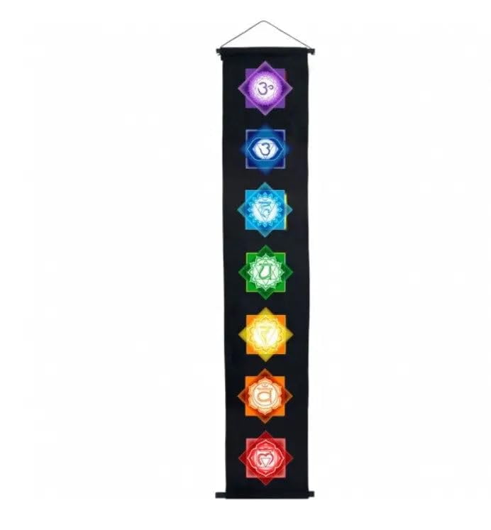Black Cotton Chakra Banner with Colorful Symbols