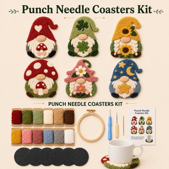 The New Gnome Punch Needle Coasters DIY Kit, Complete Embroidery Craft Set, Great Handmade Gift for Craft Lovers Adults Housewarming Birthday