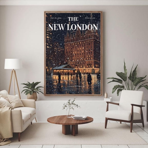 The New London Winter Poster, Vintage City Wall Art, Snowy Street Scene Illustration Poster Va-T10-299, Unframed Canvas Size 16x24